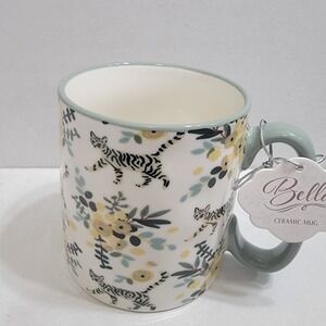 NEW! Striped Cats & Florals Mustard Bella Ceramic‎ Coffee Mug Hammered Texture